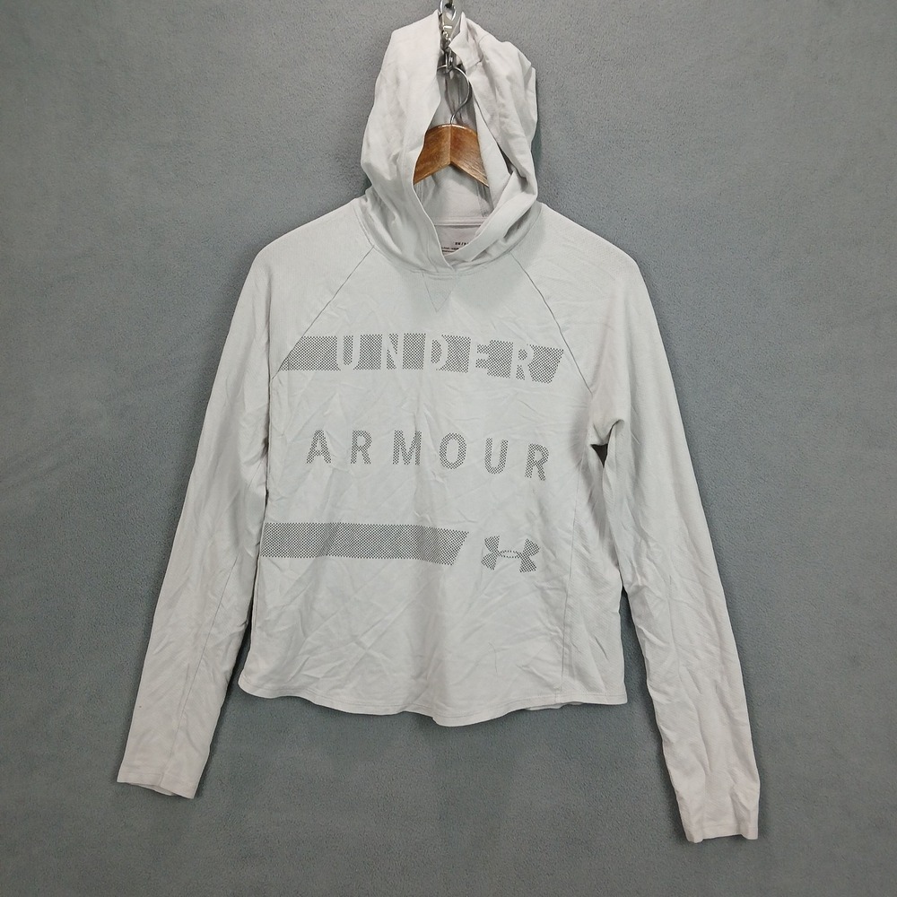 Under Armour Hooded Athletic Shirt Womens Small Light‎ Gray Casual Long Sleeve